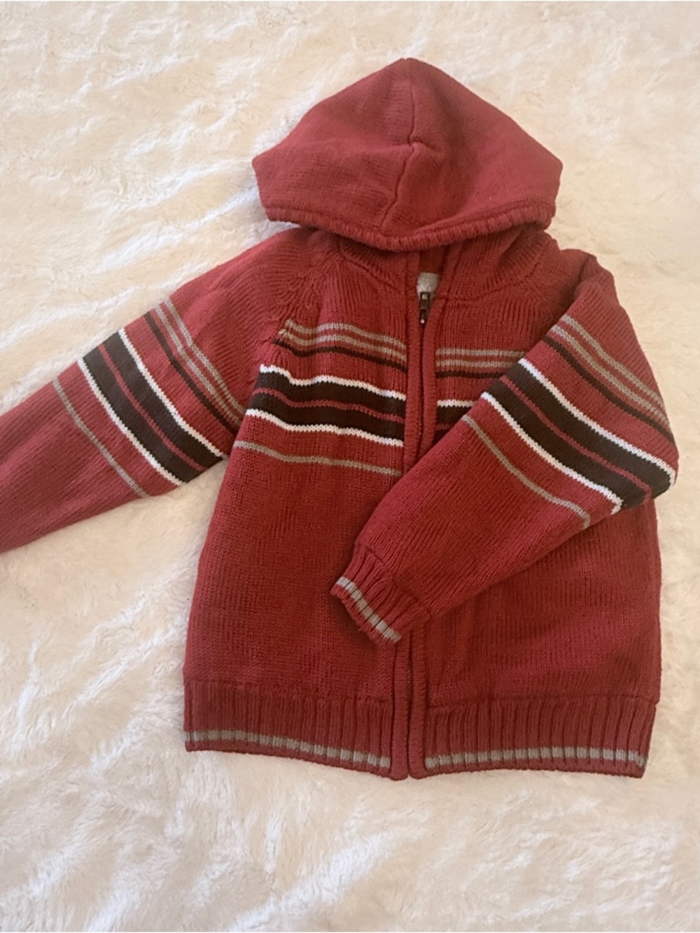 Fue Follet Hooded Heaveyweight Zip Sweater - Rust Red Striped Sz 4 BBB